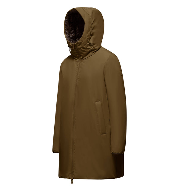 Women's long reversible hooded down jacket