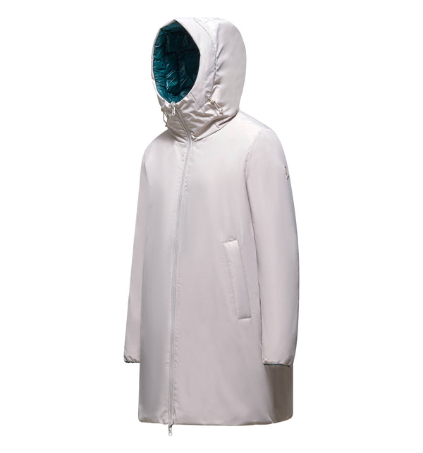 Women's long reversible hooded down jacket