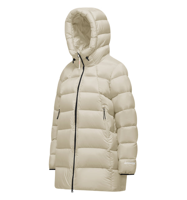 Piumino lungo da donna con cappuccio e zip