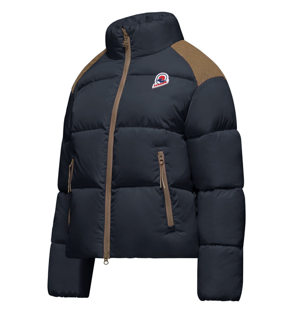 Women's bi-material puffer jacket with high collar
