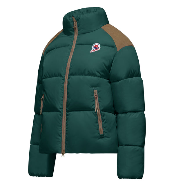 Women's bi-material puffer jacket with high collar