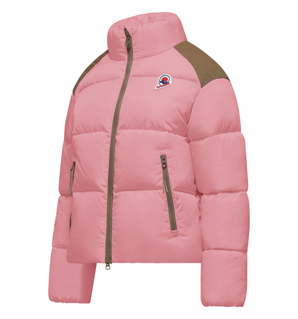 Women's bi-material puffer jacket with high collar