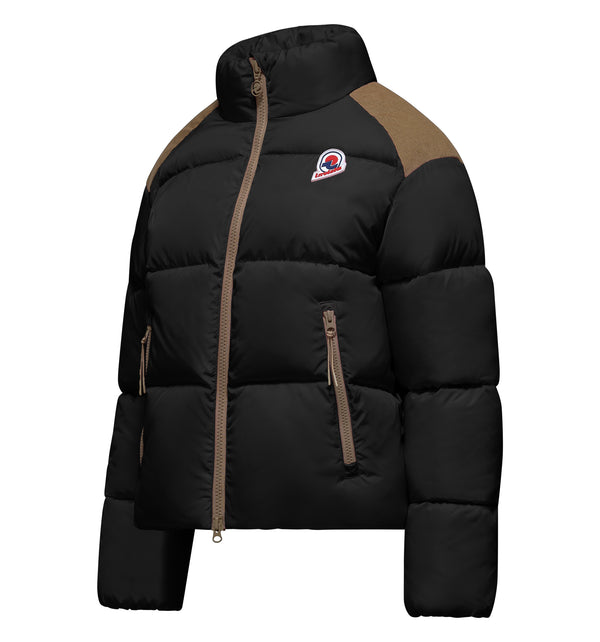 Women's bi-material puffer jacket with high collar